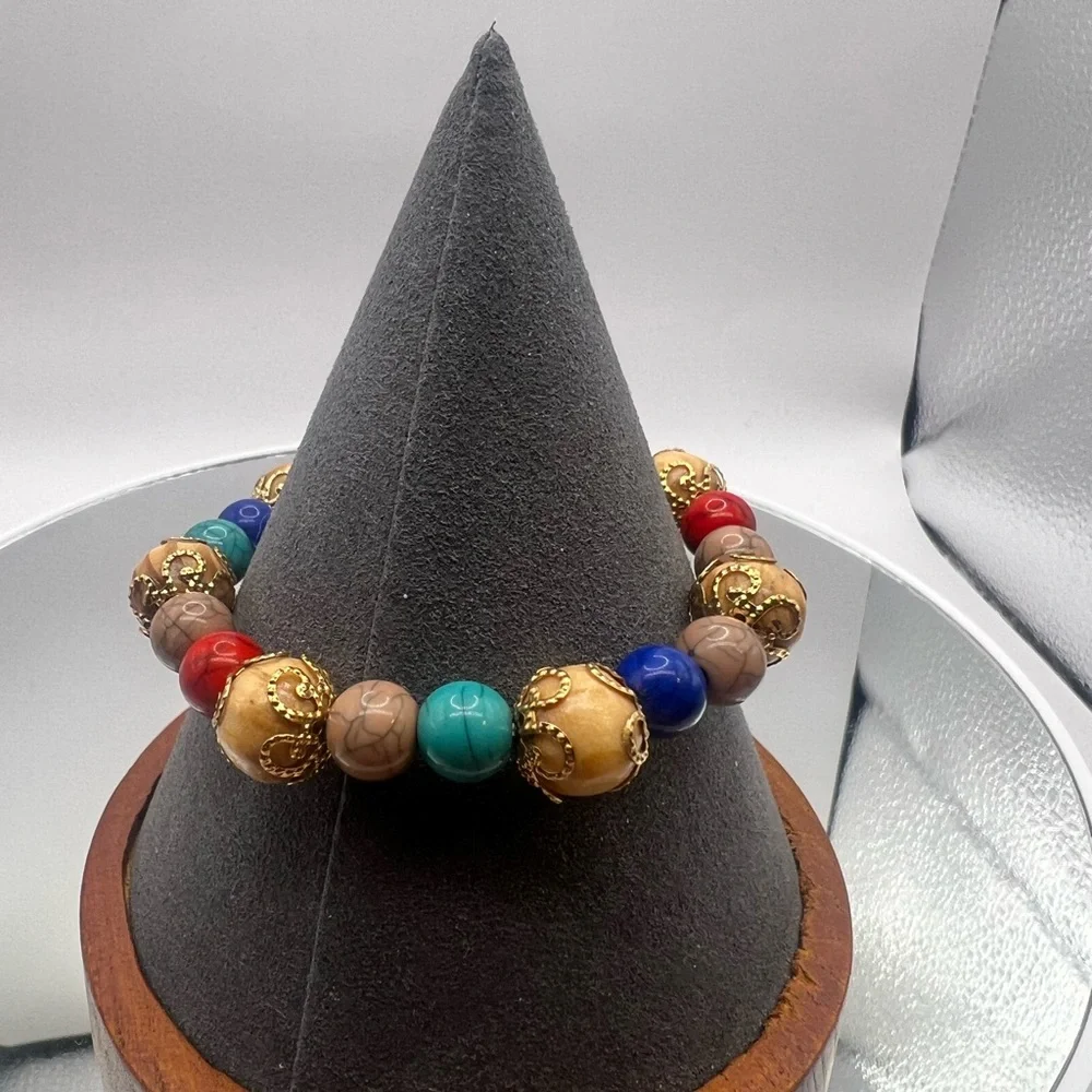 Brand New Chakra Healing Bracelet Gold Filigree Wood Beads Boho